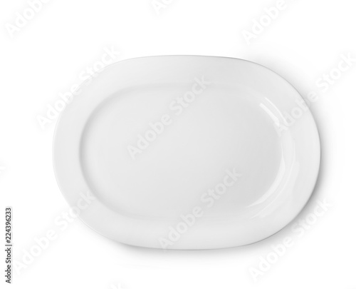 Ceramic plate with space for text on white background, top view. Washing dishes
