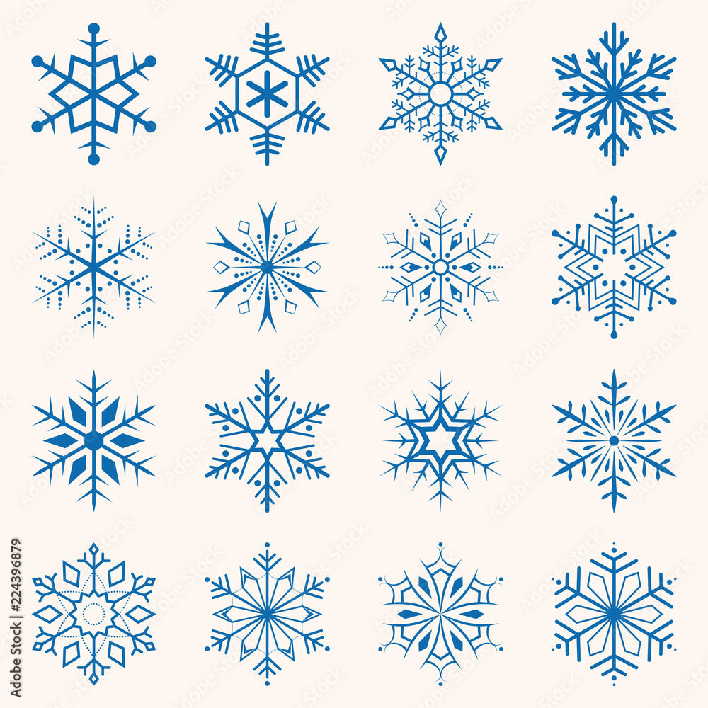 Collection of blue snowflakes. Sixteen snowflakes of different shapes. Winter set illustration