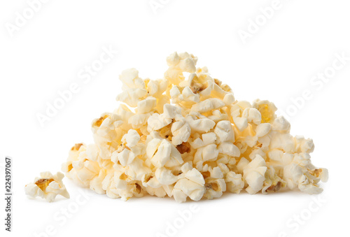 Pile of delicious fresh popcorn on white background