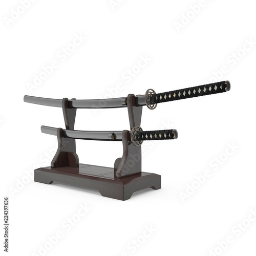 Double Sword Stand For Samurai Katana And Wakizashi. 3D Illusration, render on white background