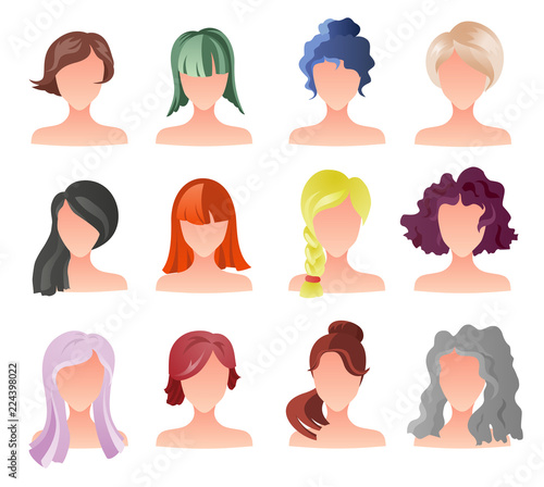 Set of female hair style sprites. Vector game design for app. Vector girl avatars