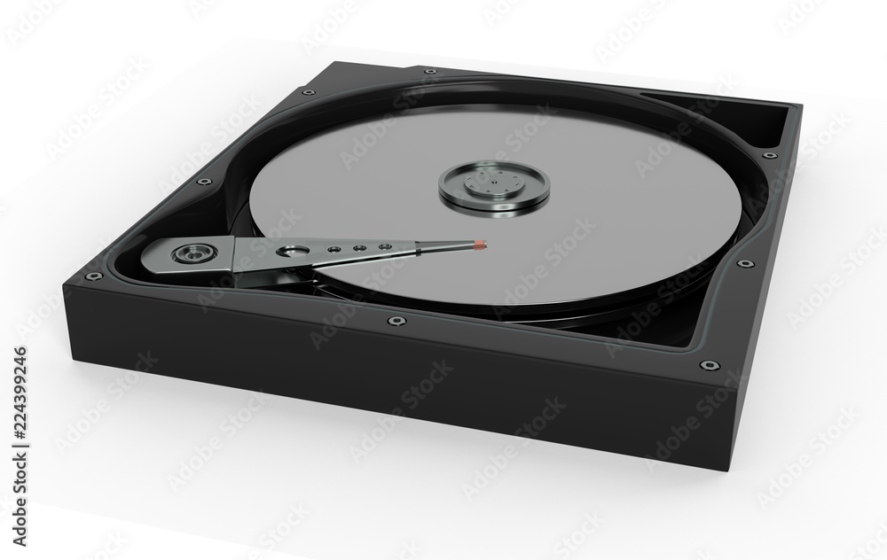 Closeup inside a hard disk drive HDD, magnetic surface and data reading mechanism 3d illustration Closeup inside a hard disk drive HDD, magnetic surface and data reading mechanism 3d illustration