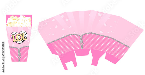 Template of popcorn box for party with zipper. Packing for birthday LOL doll surprise theme.Bright hot and light pink striped textile background with little hearts and dots. Print and cut