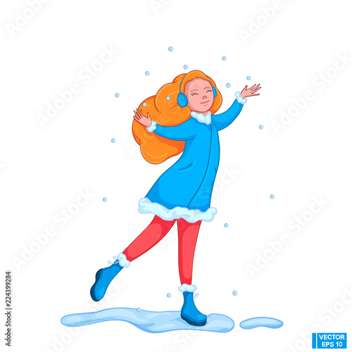 Cartoon girl catches snowflakes.
