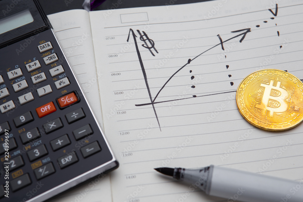 golden bitcoin, calculator, rising graph in diary and month calendar.  Learning to invest in crypto currency, income, high efficiency, return on  capital, profitability. Stock Photo | Adobe Stock