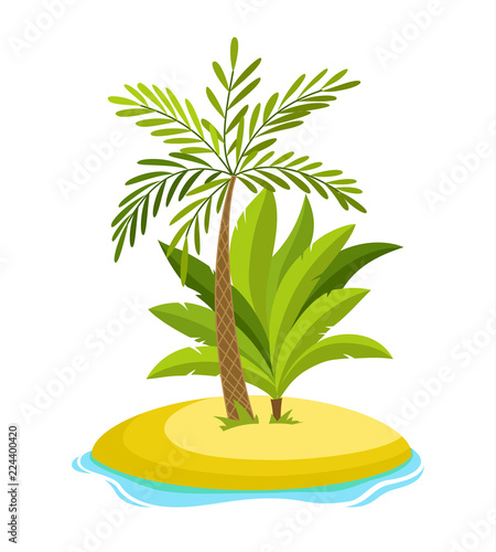 Tropical palm on island with sea waves vector illustration isolated white background. Beach under palm tree. Summer vacation in tropics. Cartoon vector illustration