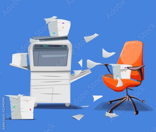 Office printer scanner. Copier with flying paper isolated on background. Copy machine with pile of documents, stack of papers in cardboard boxes with office chair. Vector car