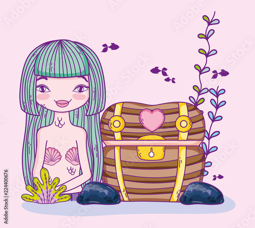 woman mermaid with wood coffer and plants
