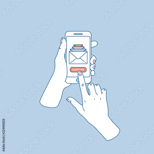 Woman hand holding smartphone. New messages. Subscribe button. Vector illustration