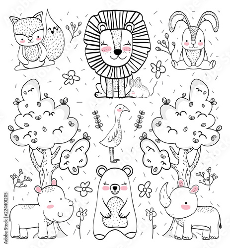 cute wild animal with trees and flowers