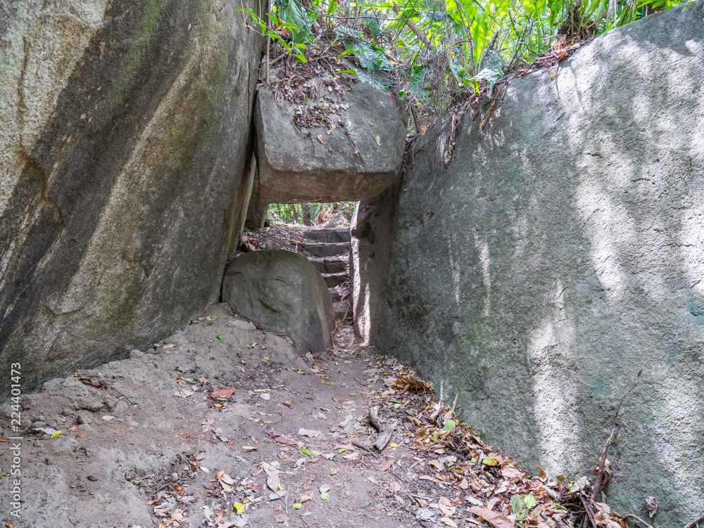 Colombia, Tayrona National Park, jungle path big stone and stairs