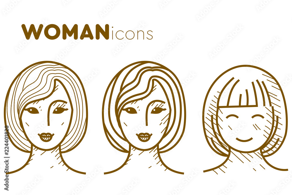 Set of woman face icons in pencil drawing style