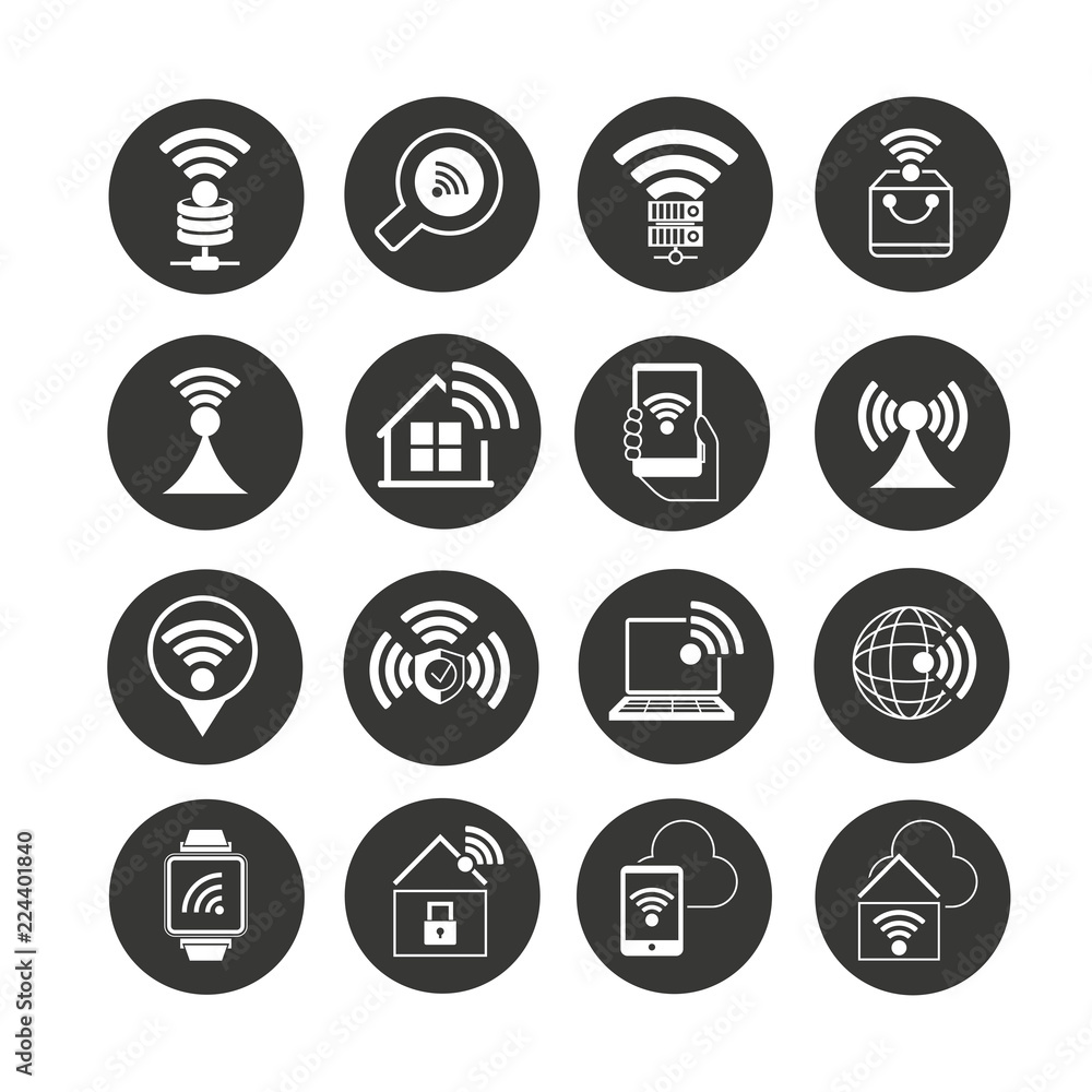 wifi and wireless icon set in circle buttons wifi and wireless icon set in circle buttons