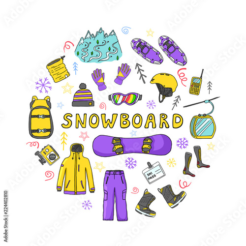 Set of snowboard icons in circle shape isolated on white background. Sport clothes, accessories, equipment and lettering. Color vector illustration