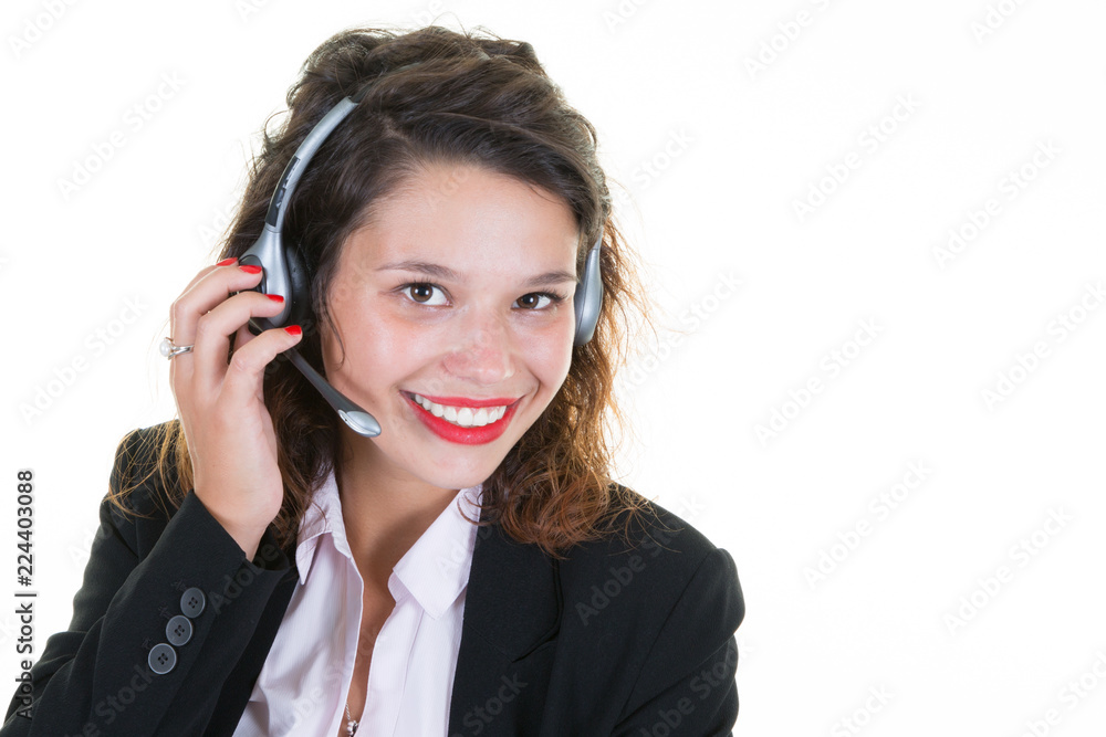 Customer service smiling woman in operator call center with headphones Customer service smiling woman in operator call center with headphones