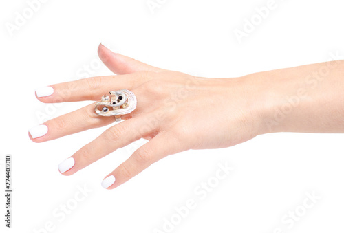 Ring jewerly bijouterie on hand on white background isolation photo