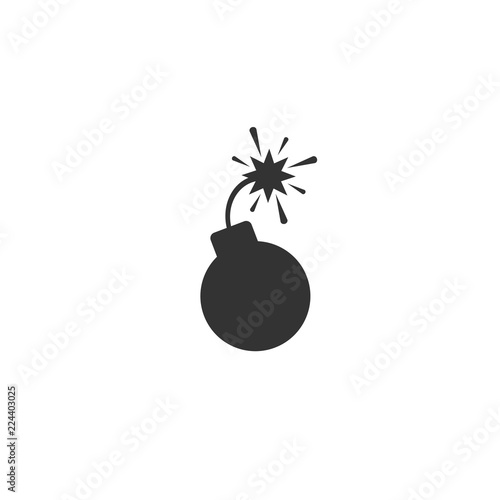 Black flat bomb icon. Round glossy inclined to the right bomb with fuse and fire.