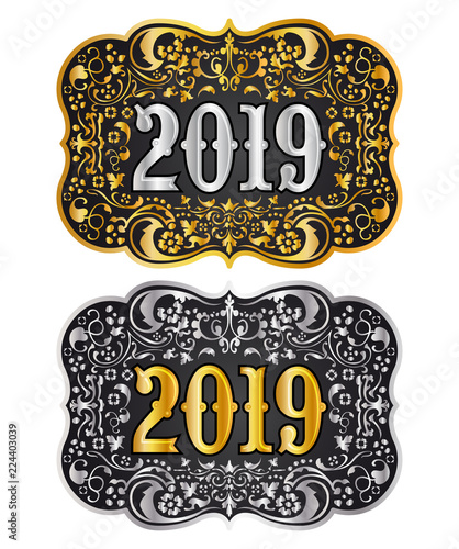 2019 New year Cowboy belt buckle gold and silver design, 2019 western badge