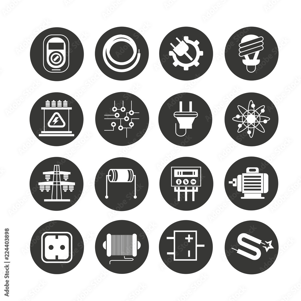 electricity and tool icon set in circle buttons electricity and tool icon set in circle buttons