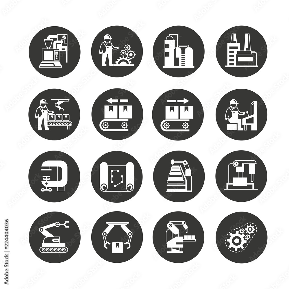 manufacturing and industry icon set in circle buttons