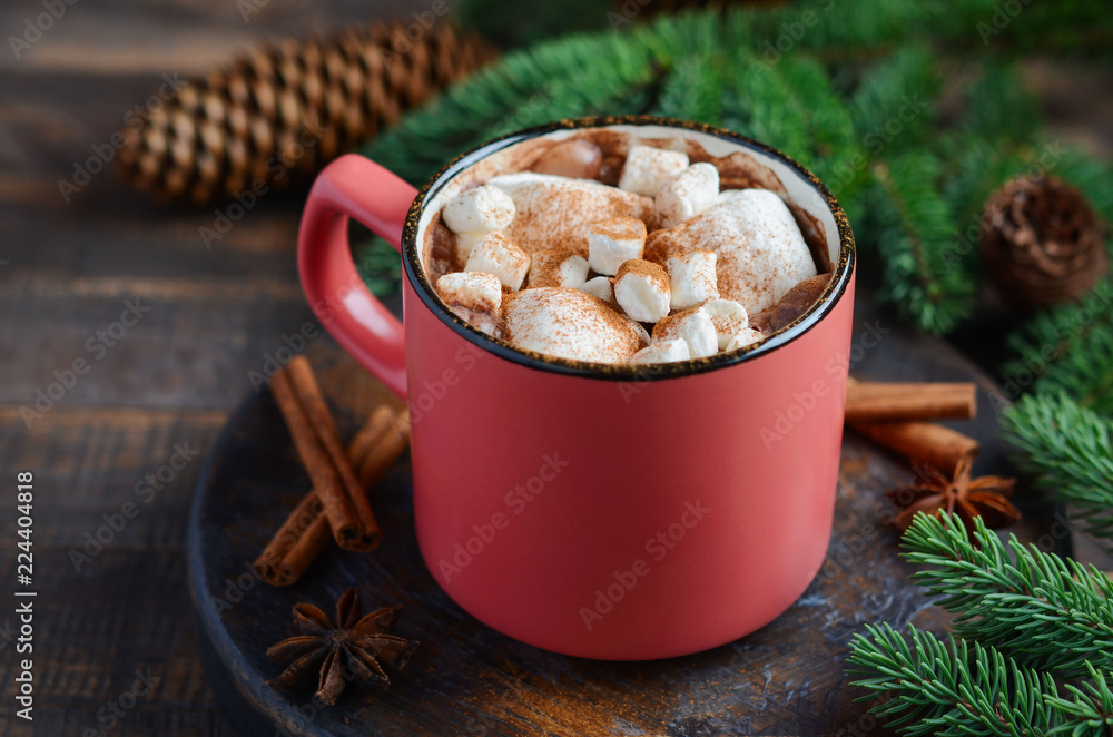 Hot chocolate with marshmallows on rustic wooden background. Christmas concept decorated with Fir branches and Cones. Hot chocolate with marshmallows on rustic wooden background. Christmas concept decorated with Fir branches and Cones.