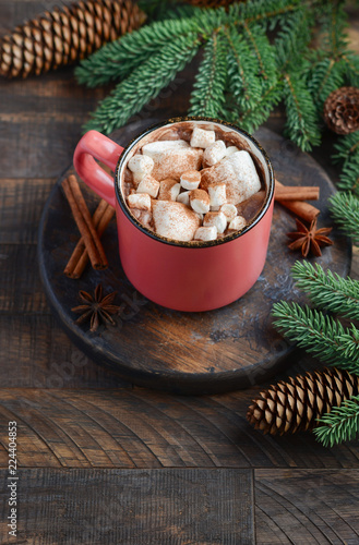 Hot chocolate with marshmallows on rustic wooden background. Christmas concept decorated with Fir branches and Cones.