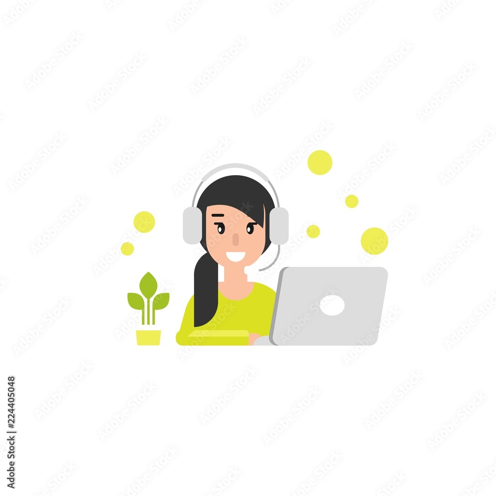 Happy operator girl with computer, headphones and microphone. flat vector illustration