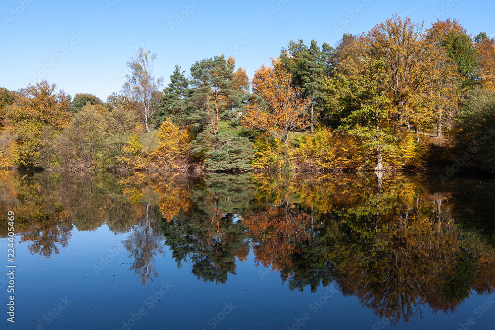 Bäume in Herbstfarben reflektieren sich im See
