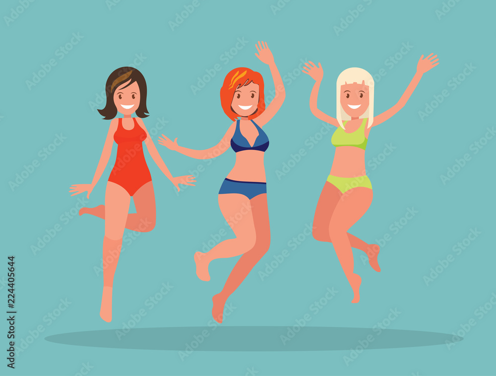 Three girls jumping on a blue background. Summer vacation. Three girls jumping on a blue background. Summer vacation.