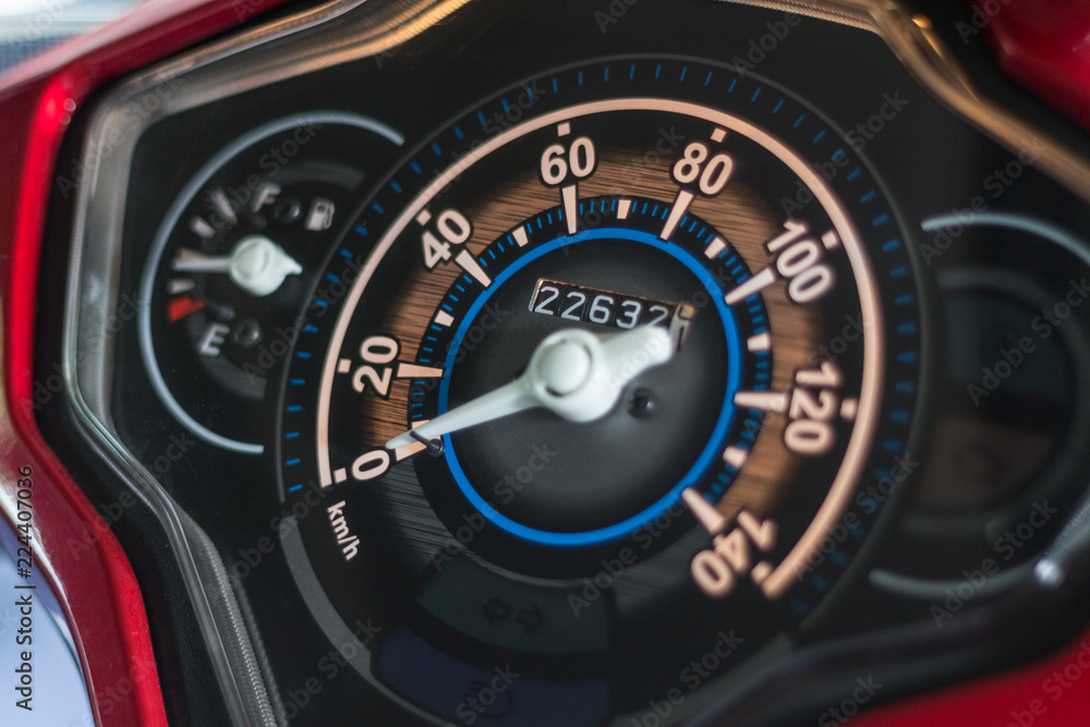 Fototapeta premium Motorcycle control panel with speedometer and fuel gauge