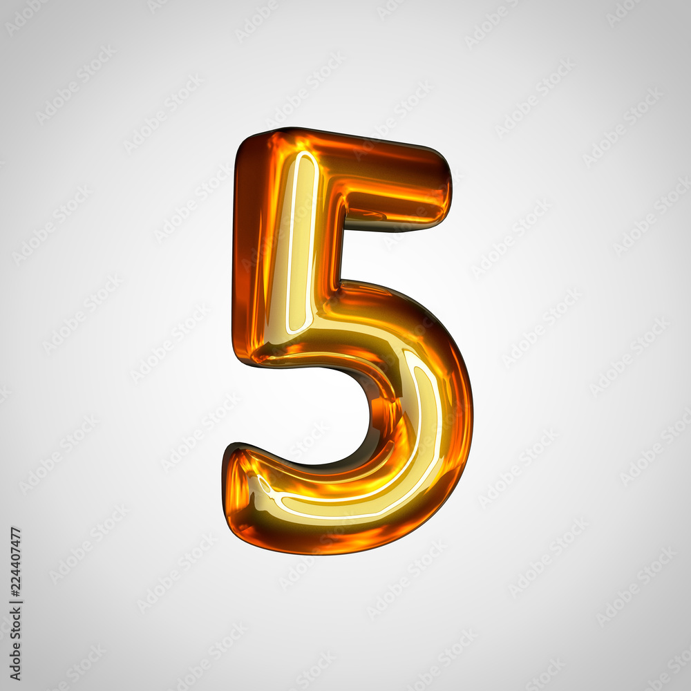 Golden number 5 with fire reflection isolated on white background Golden number 5 with fire reflection isolated on white background
