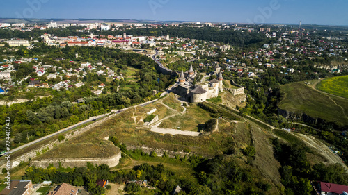 Aerial view of old fortress. Stone castle in the city of Kamenets-Podolsky. Beautiful old castle in Ukraine.