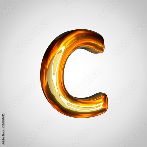 Golden letter C uppercase with fire reflection isolated on white background