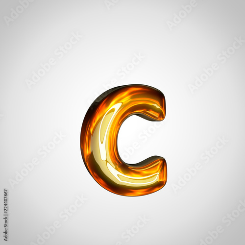 Golden letter C lowercase with fire reflection isolated on white background