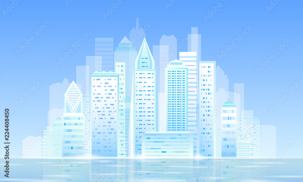 Smart city 3D light sunny morning cityscape. Intelligent building automation day blue sky futuristic business hope concept future technology. Urban banner vector illustration
