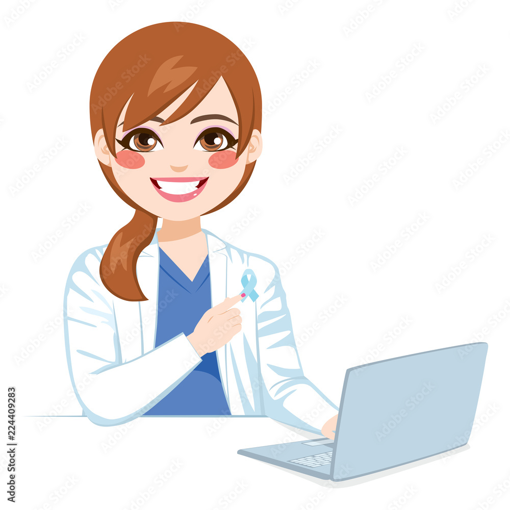 Young female doctor pointing blue ribbon prostate cancer awareness concept working on laptop Young female doctor pointing blue ribbon prostate cancer awareness concept working on laptop
