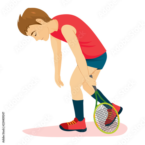 Defeated sad tennis player man walking depressed with racket