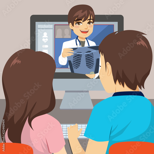 Young couple using computer to talk with doctor online consultation concept with x-ray diagnosis