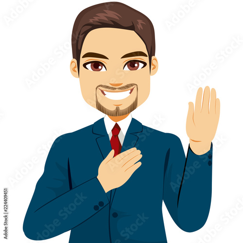 Male politician making promise oath with raised hand and other hand on heart