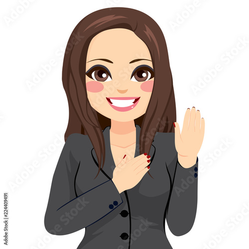 Female politician making promise oath with hand raised up and other hand on chest