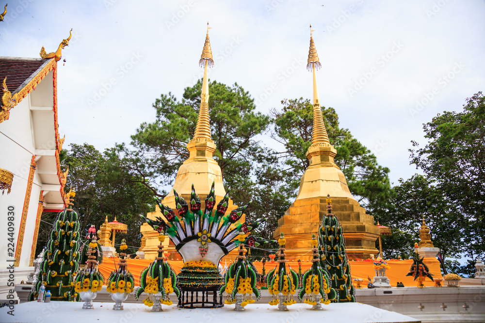 Naklejka premium Wat Phra That Doi Tung temple with public domain has two golden pagodas or stupas containing Buddha's relic, considered as a treasure of Buddhism, Mae Sai, Chiang Rai, Thailand. Thai Travel Tourism.