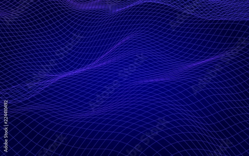 Abstract landscape on a blue background. Cyberspace grid. Hi-tech network, technology. 3D illustration