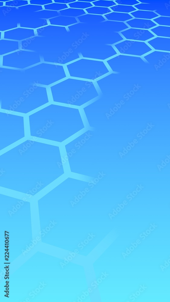 Translucent honeycomb on a gradient blue sky background. Perspective view on polygon look like honeycomb. Isometric geometry. Vertical image orientation. 3D illustration Translucent honeycomb on a gradient blue sky background. Perspective view on polygon look like honeycomb. Isometric geometry. Vertical image orientation. 3D illustration