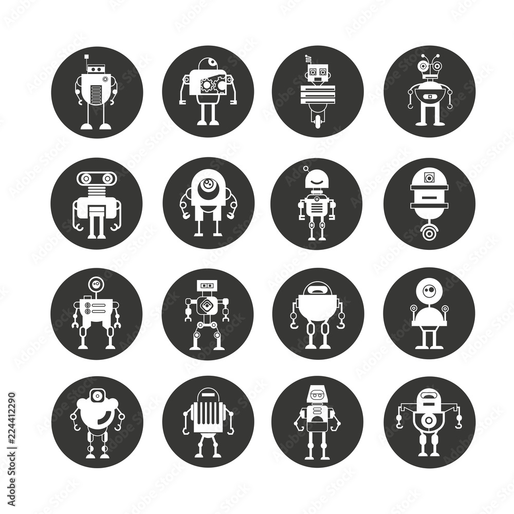 funny robot icon set in circle buttons