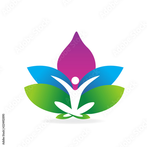 Yoga man and lotus flower logo vector