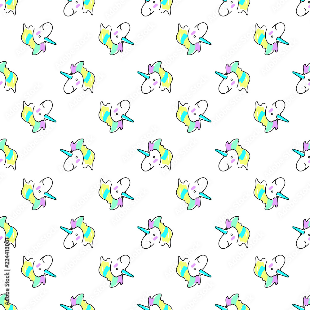 Vector seamless pattern with colorful unicorns. Blue and pink unicorn background. Card with cute unicorn icon over white background. Colorful design. Vector illustration