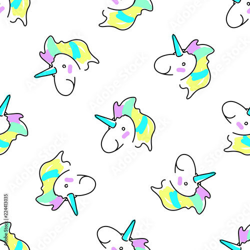 Vector seamless pattern with colorful unicorns. Blue and pink unicorn background. Card with cute unicorn icon over white background. Colorful design. Vector illustration