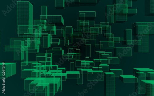 Green and dark abstract digital and technology background. The pattern with repeating rectangles. 3D illustration
