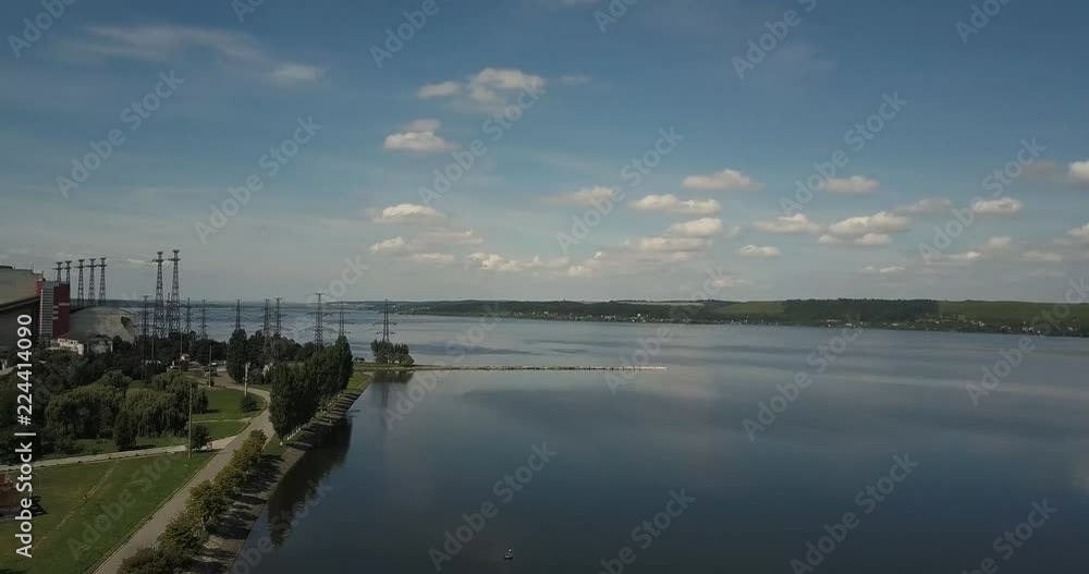 Aerial photography of a lake on a background of blue sky and white clouds city of Burshtyn, Ukraine Aerial photography of a lake on a background of blue sky and white clouds city of Burshtyn, Ukraine