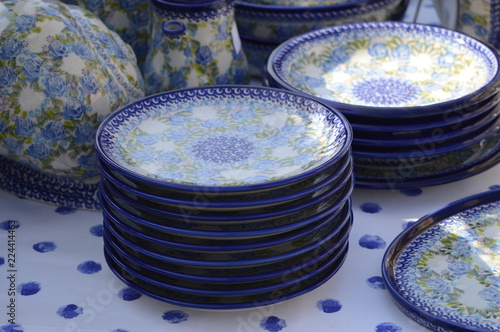 Colorful, handmade pottery produced in Boleslawiec, Poland